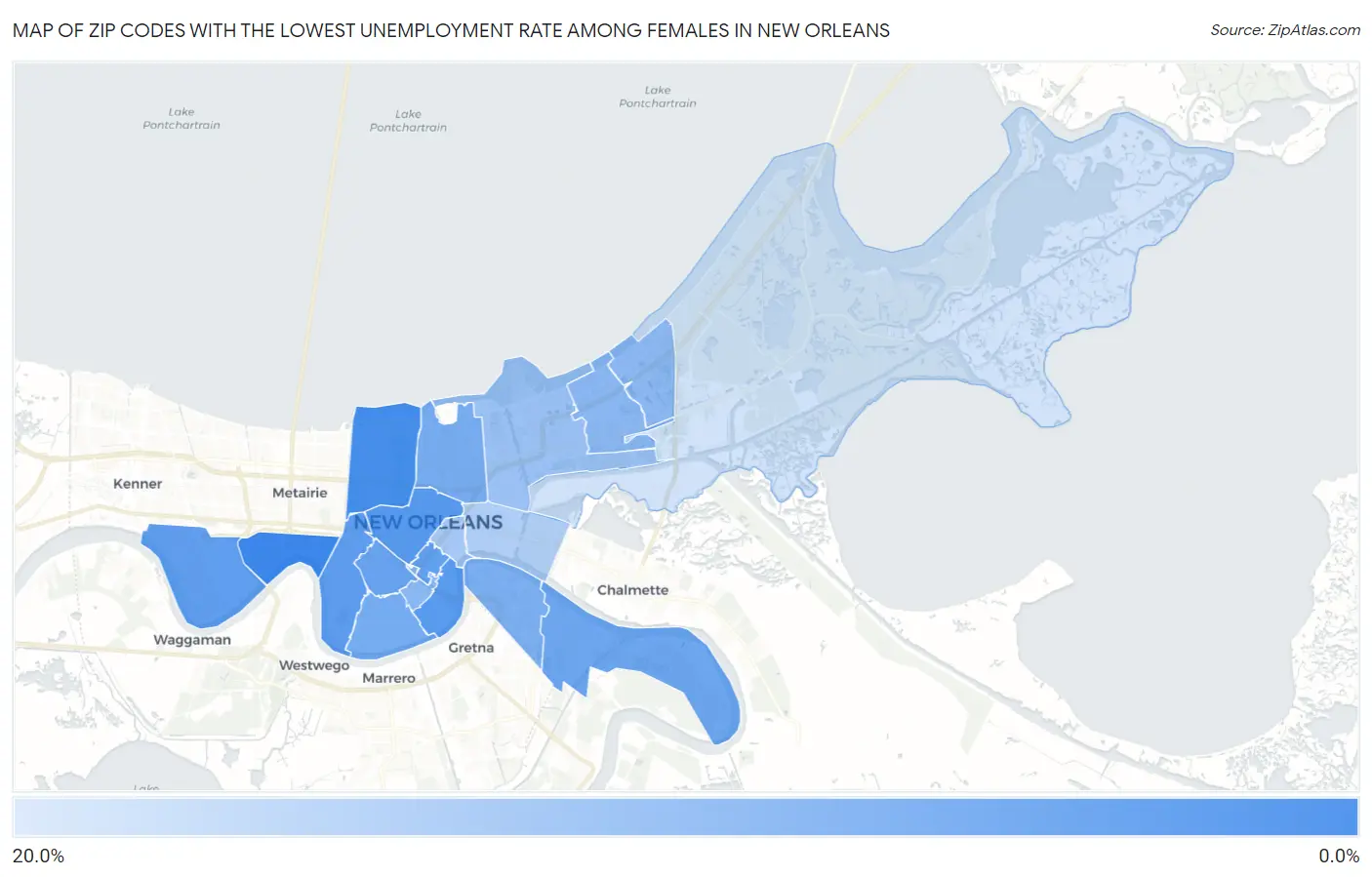 Zip Codes with the Lowest Unemployment Rate Among Females in New Orleans Map