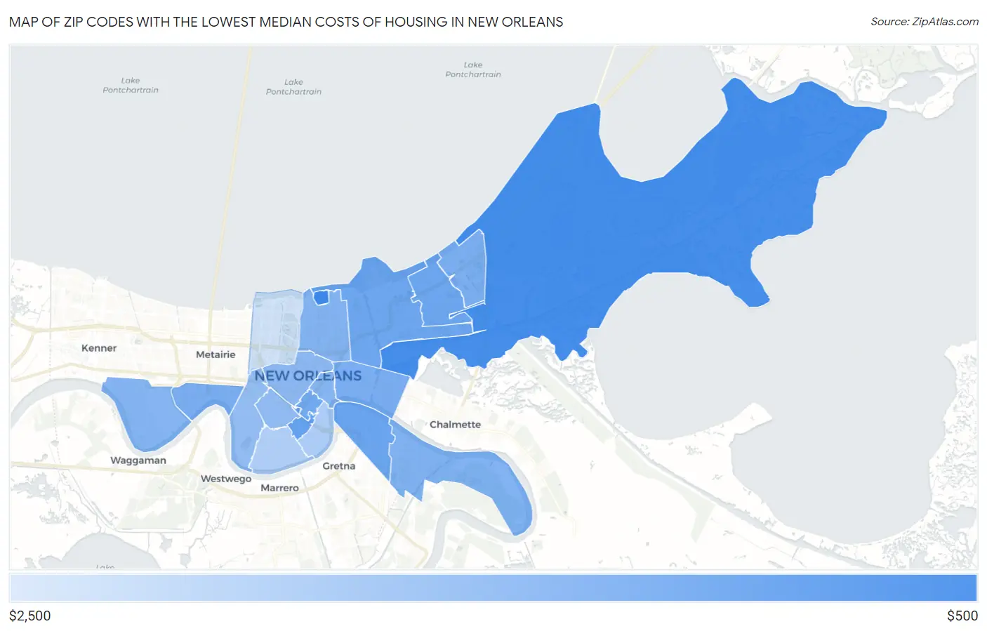 Zip Codes with the Lowest Median Costs of Housing in New Orleans Map