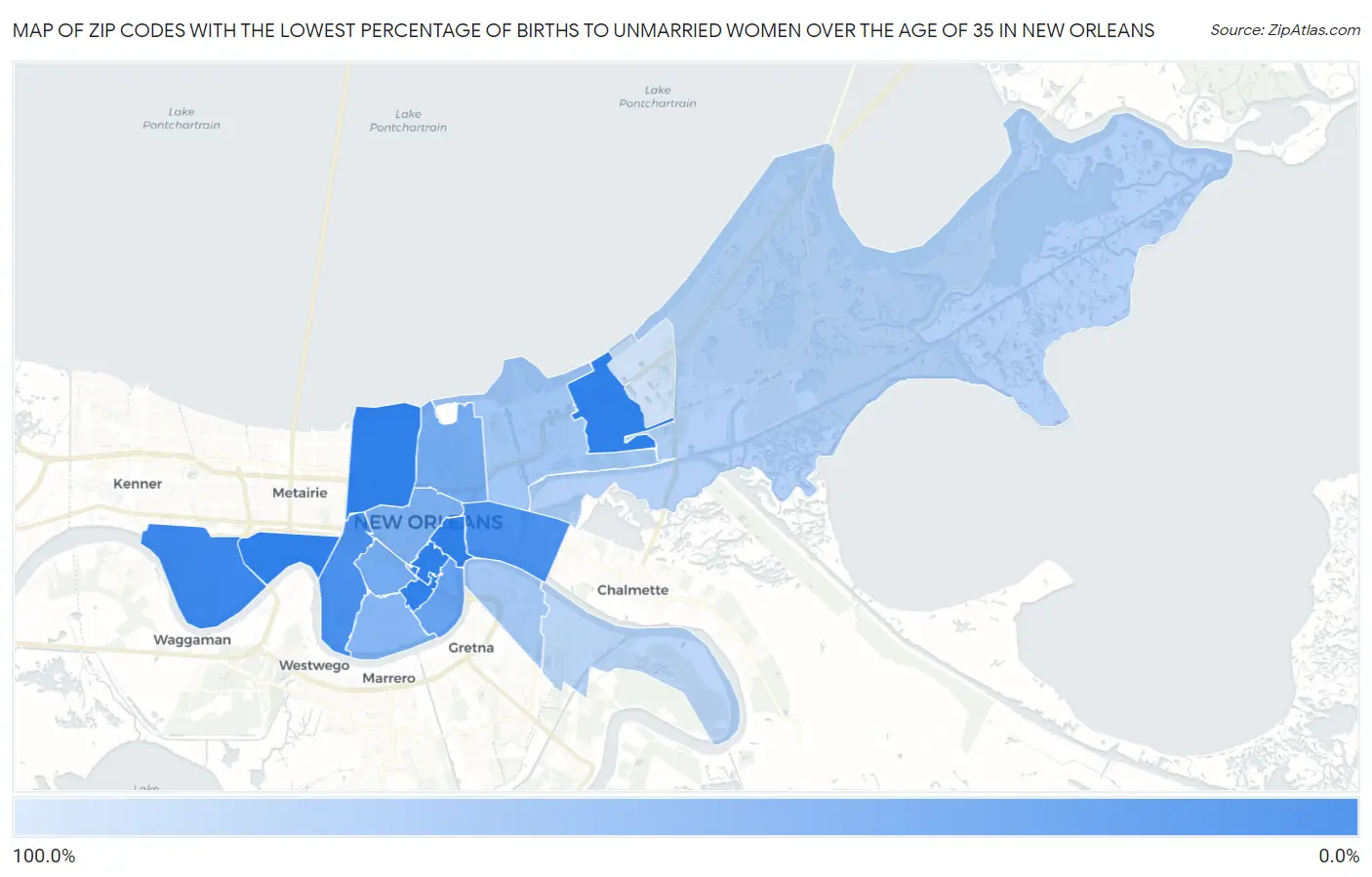 Zip Codes with the Lowest Percentage of Births to Unmarried Women over the Age of 35 in New Orleans Map