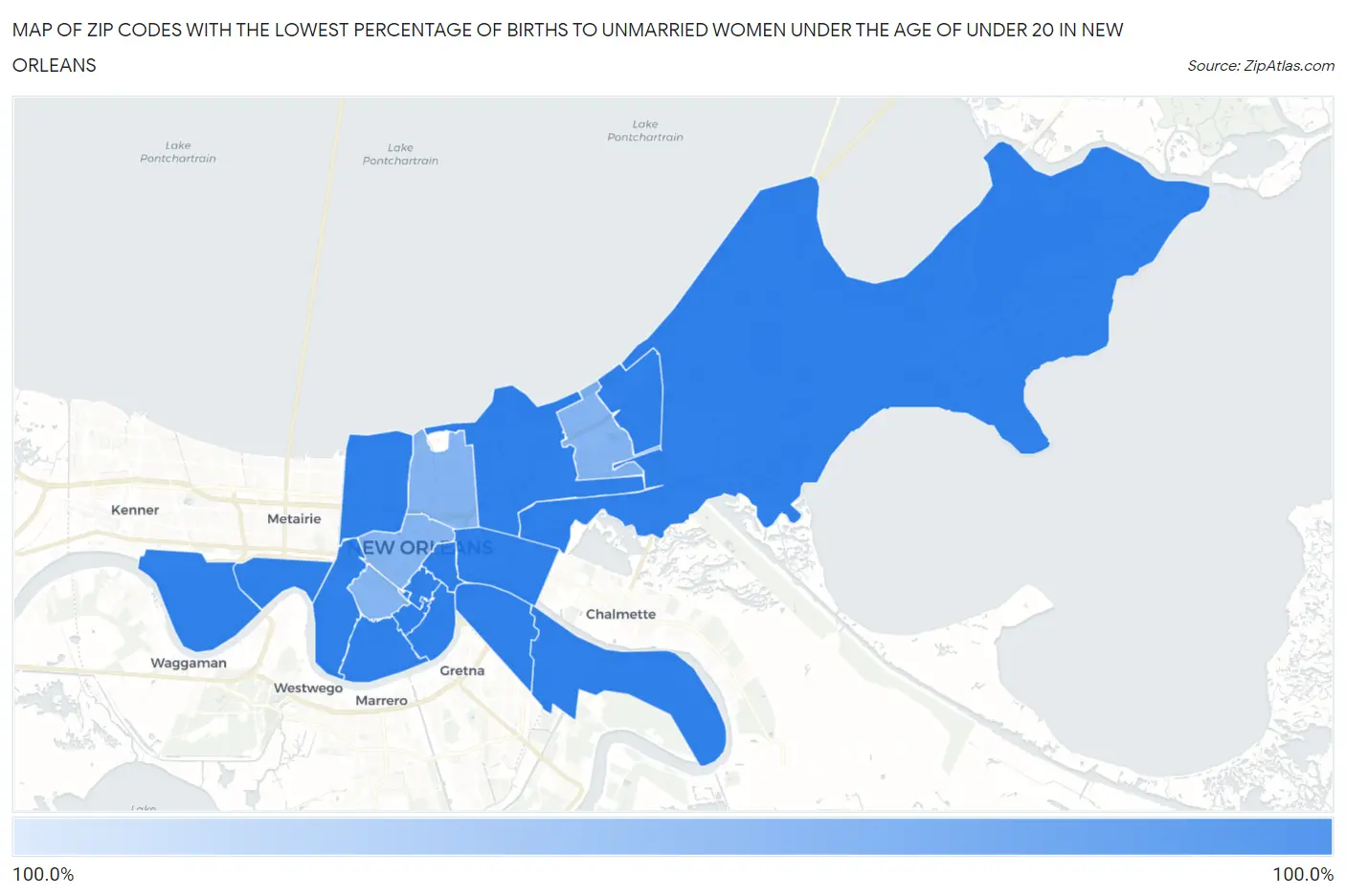 Zip Codes with the Lowest Percentage of Births to Unmarried Women under the Age of under 20 in New Orleans Map