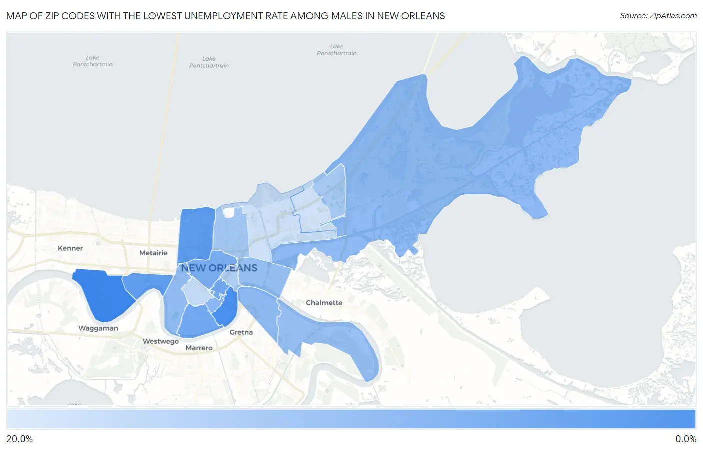 Zip Codes with the Lowest Unemployment Rate Among Males in New Orleans Map
