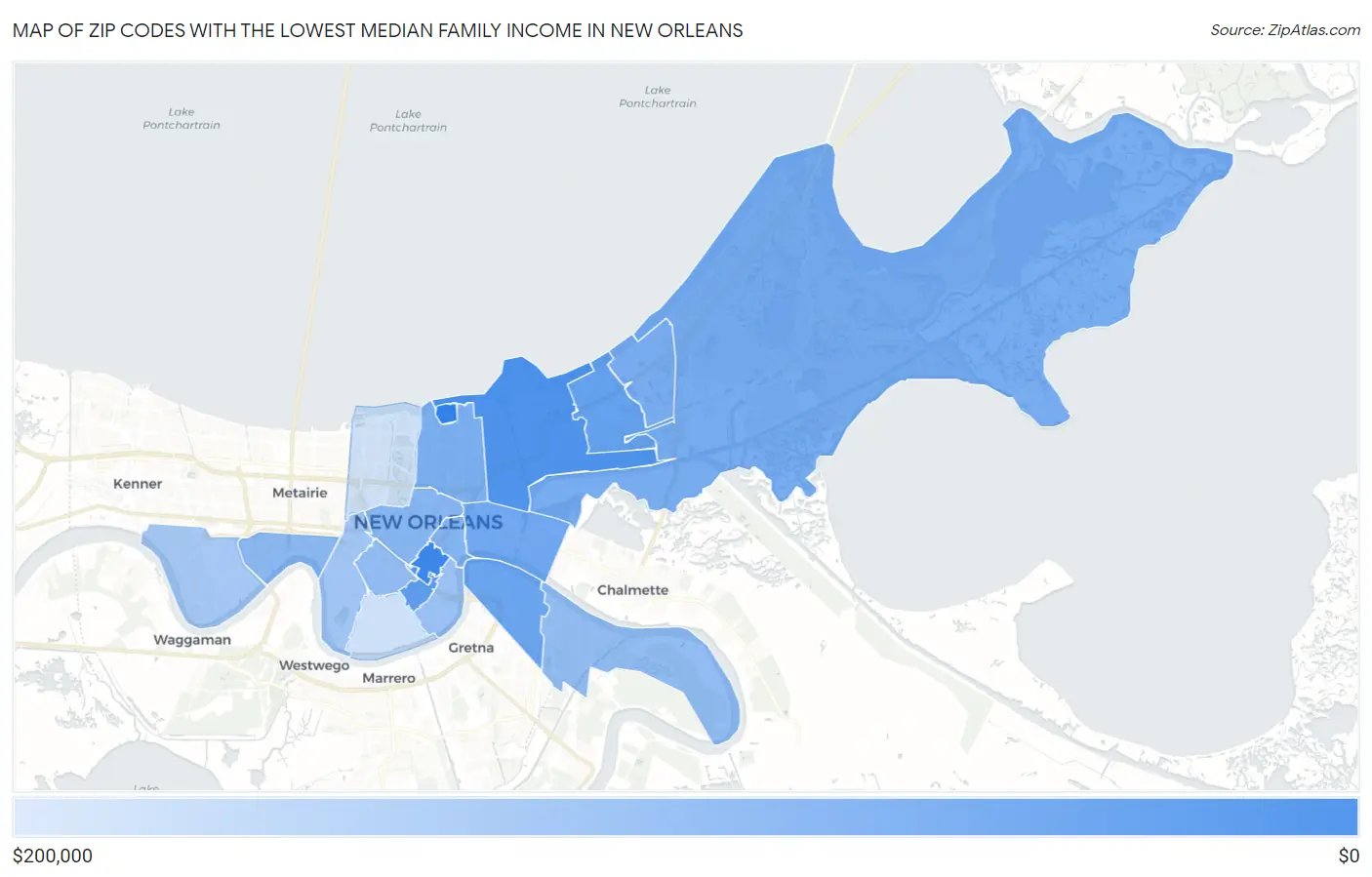 Zip Codes with the Lowest Median Family Income in New Orleans Map