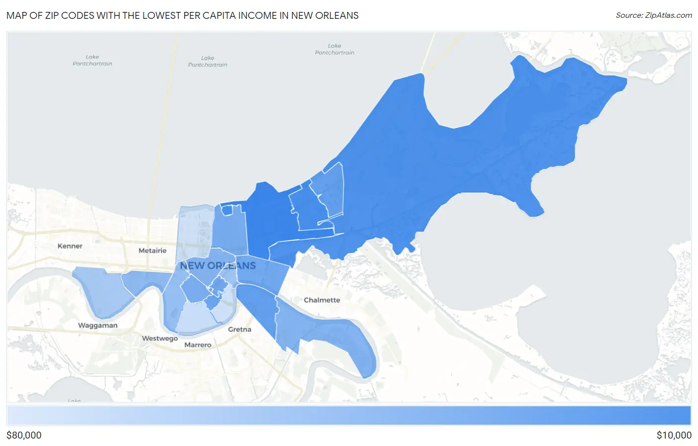 Zip Codes with the Lowest Per Capita Income in New Orleans Map