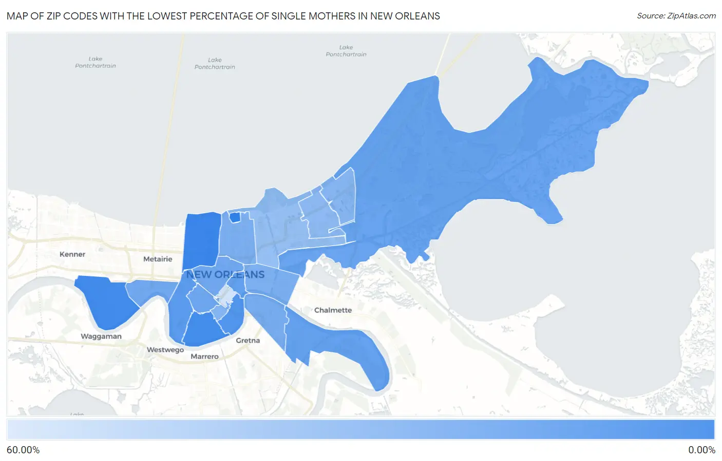 Zip Codes with the Lowest Percentage of Single Mothers in New Orleans Map
