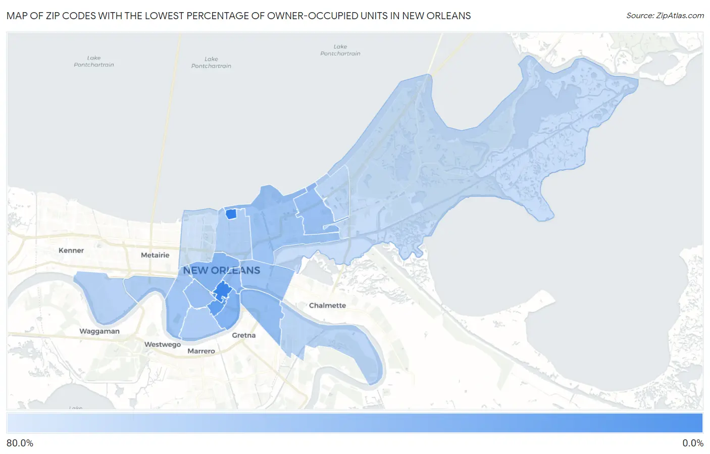 Zip Codes with the Lowest Percentage of Owner-Occupied Units in New Orleans Map