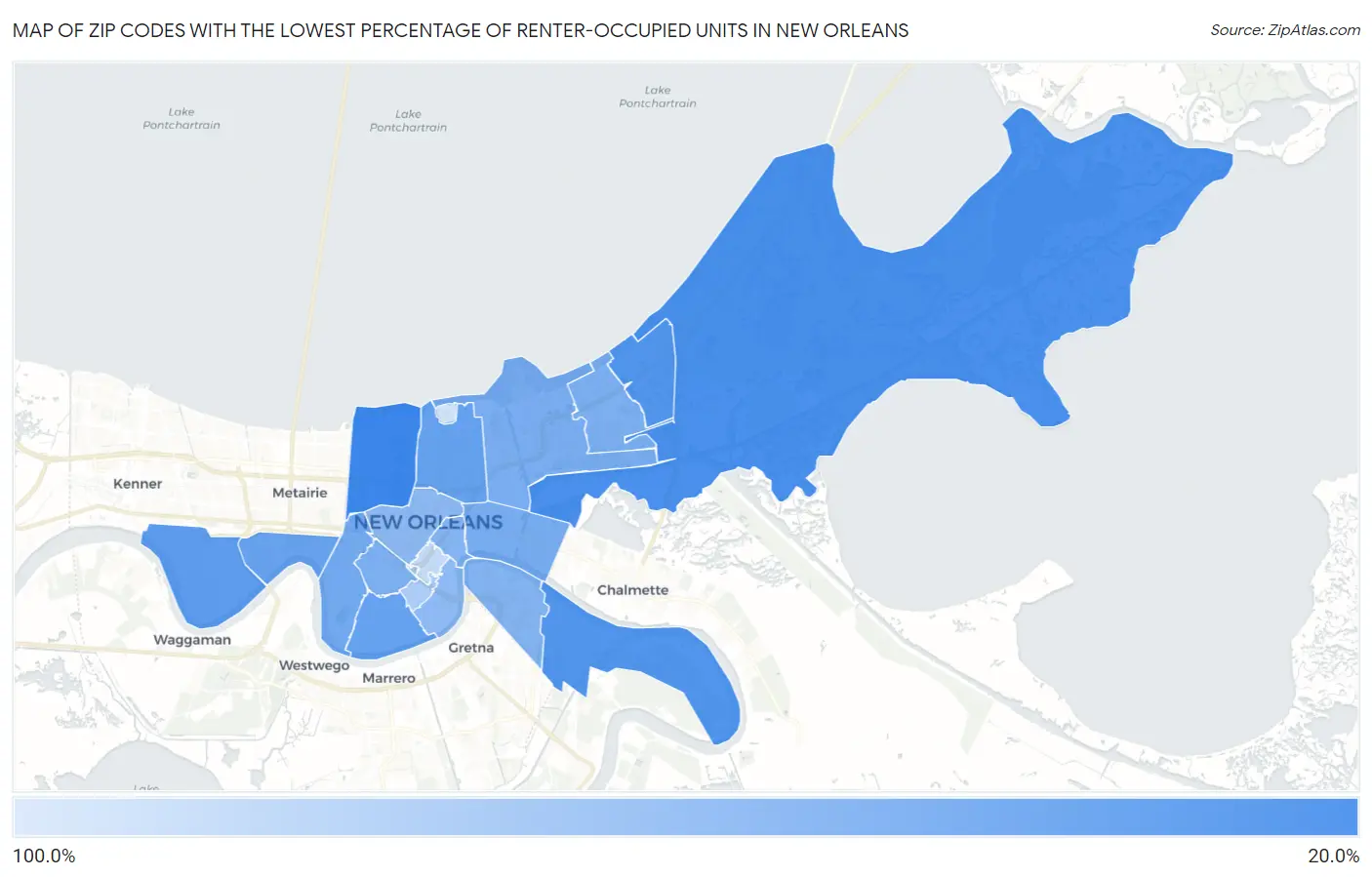 Zip Codes with the Lowest Percentage of Renter-Occupied Units in New Orleans Map