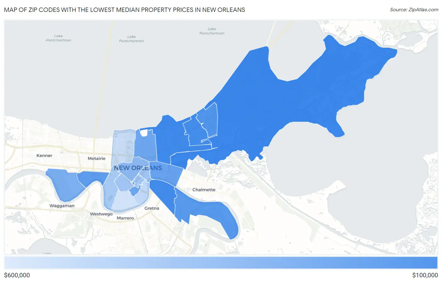 Zip Codes with the Lowest Median Property Prices in New Orleans Map