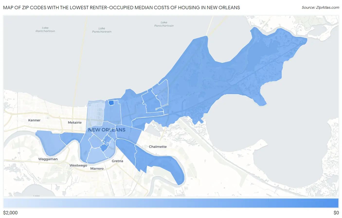 Zip Codes with the Lowest Renter-Occupied Median Costs of Housing in New Orleans Map