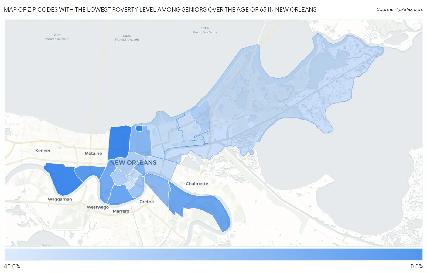 Zip Codes with the Lowest Poverty Level Among Seniors Over the Age of 65 in New Orleans Map