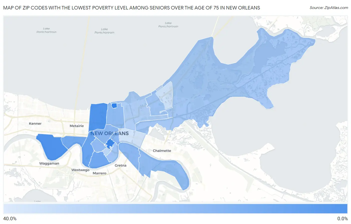 Zip Codes with the Lowest Poverty Level Among Seniors Over the Age of 75 in New Orleans Map