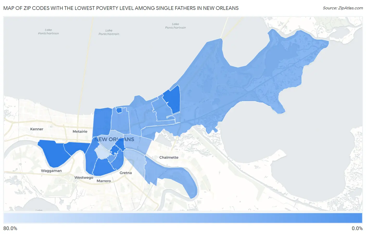 Zip Codes with the Lowest Poverty Level Among Single Fathers in New Orleans Map