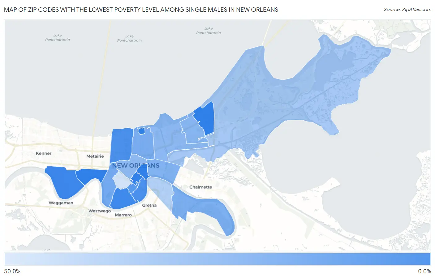 Zip Codes with the Lowest Poverty Level Among Single Males in New Orleans Map