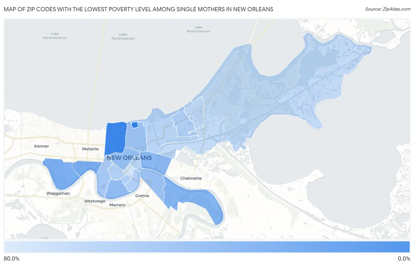 Zip Codes with the Lowest Poverty Level Among Single Mothers in New Orleans Map