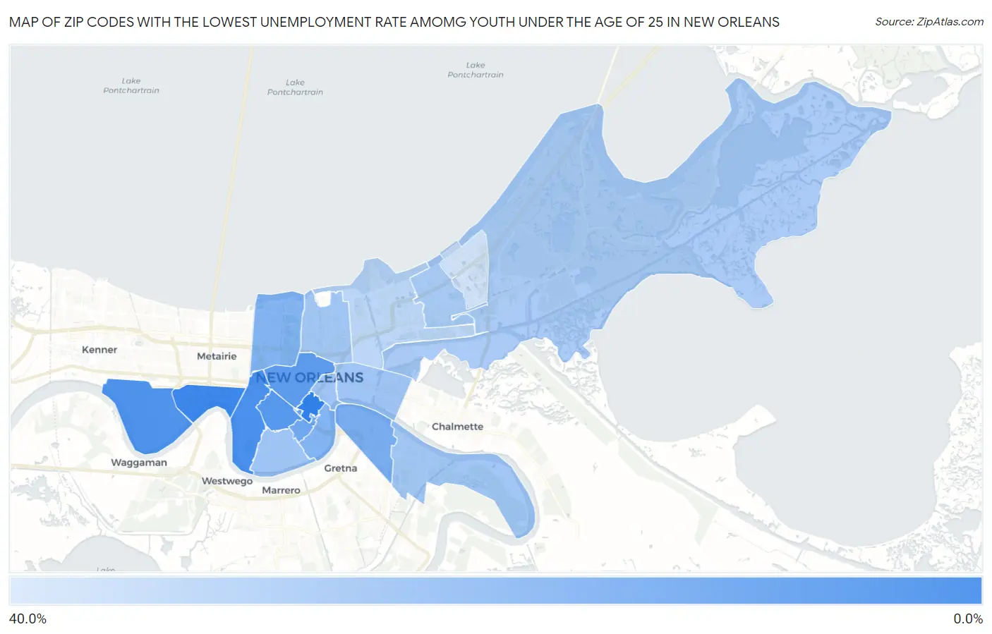 Zip Codes with the Lowest Unemployment Rate Amomg Youth Under the Age of 25 in New Orleans Map