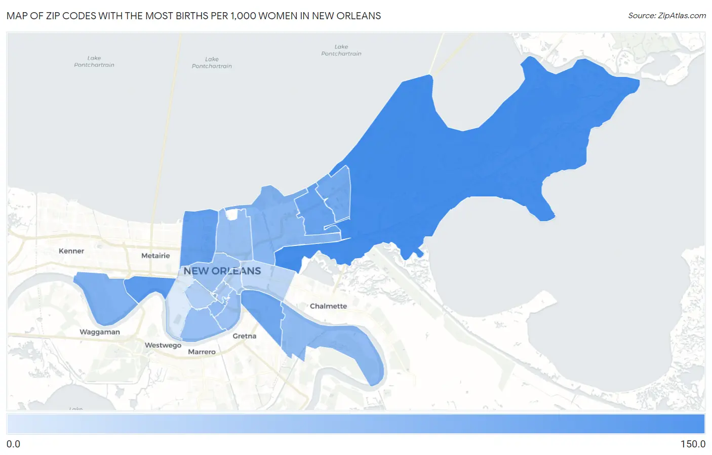 Zip Codes with the Most Births per 1,000 Women in New Orleans Map