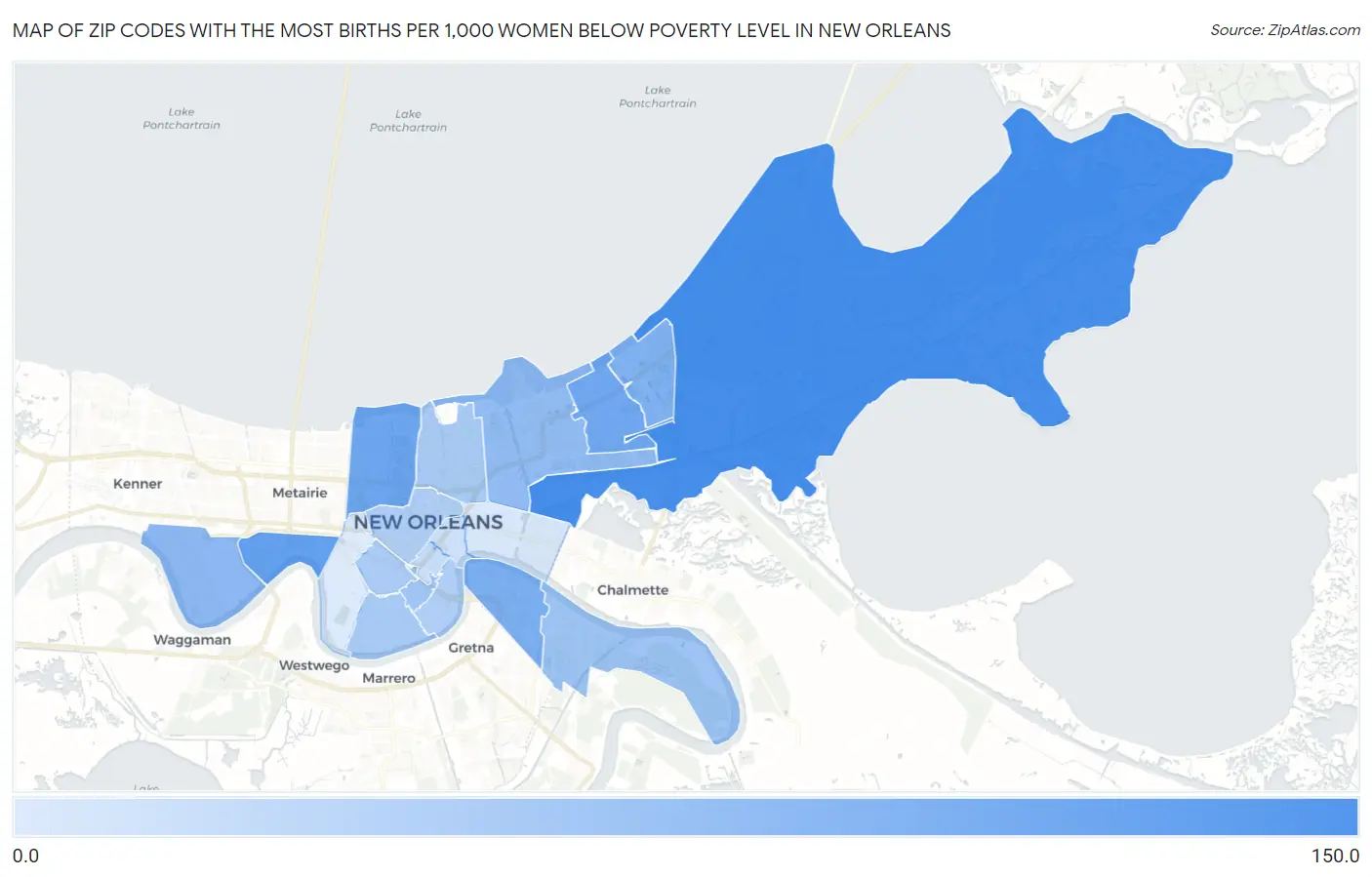 Zip Codes with the Most Births per 1,000 Women Below Poverty Level in New Orleans Map