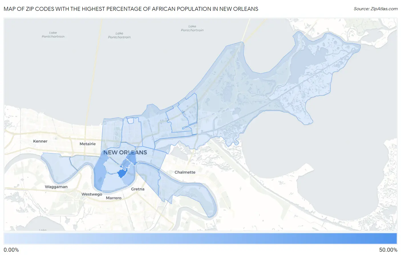 Zip Codes with the Highest Percentage of African Population in New Orleans Map