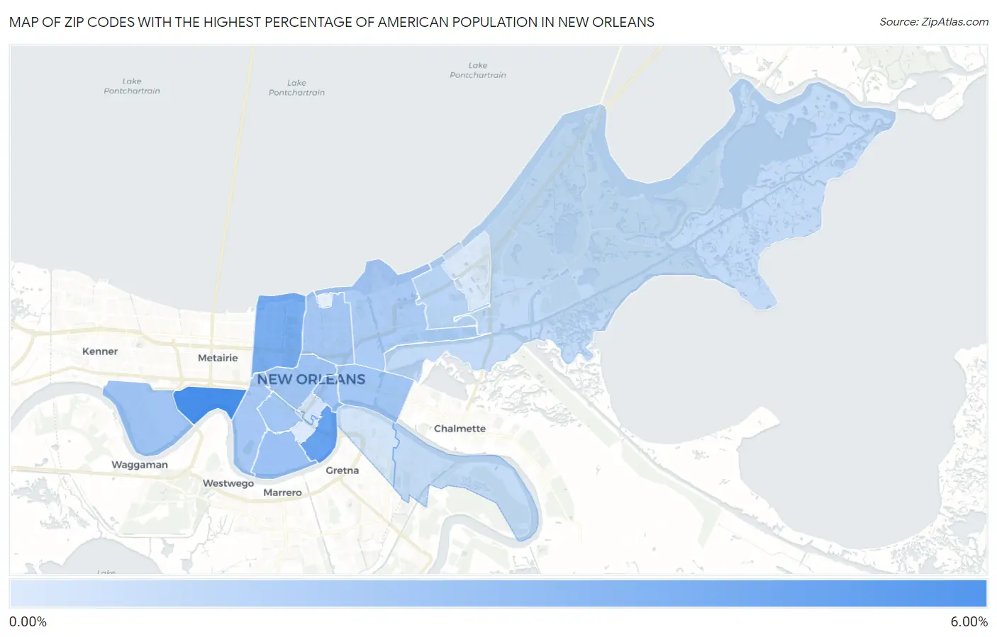 Zip Codes with the Highest Percentage of American Population in New Orleans Map