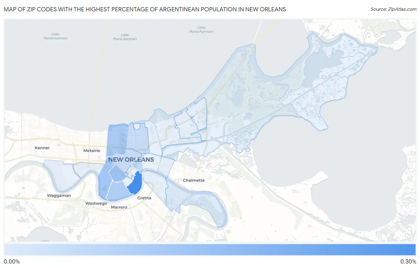 Zip Codes with the Highest Percentage of Argentinean Population in New Orleans Map