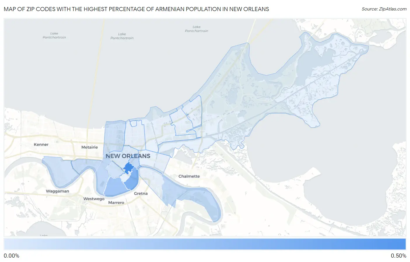 Zip Codes with the Highest Percentage of Armenian Population in New Orleans Map