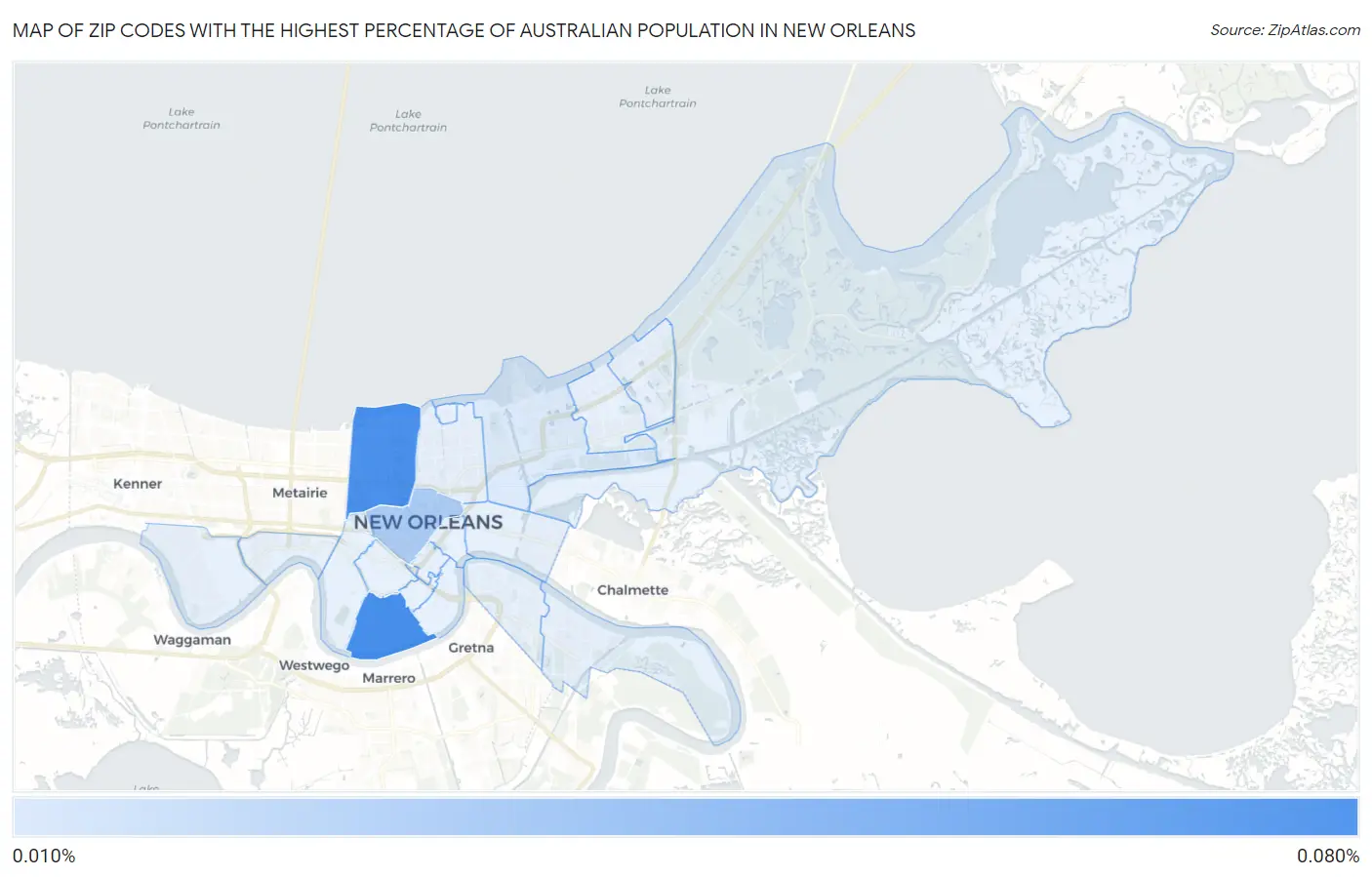 Zip Codes with the Highest Percentage of Australian Population in New Orleans Map