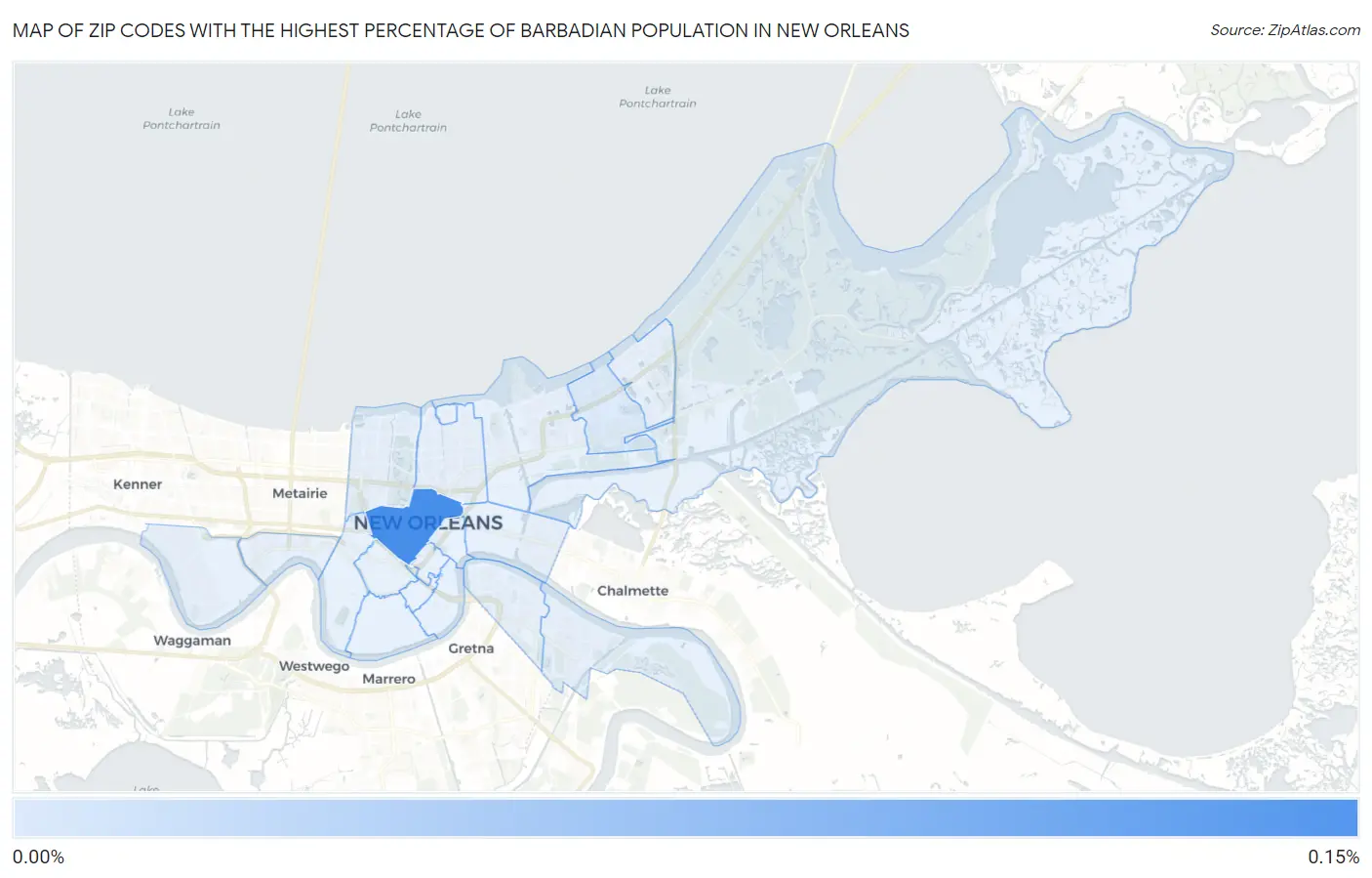 Zip Codes with the Highest Percentage of Barbadian Population in New Orleans Map