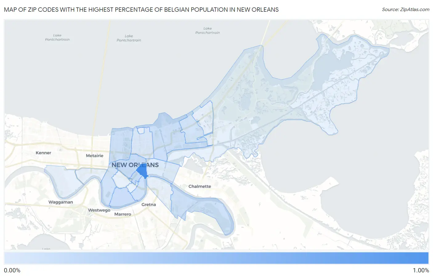 Zip Codes with the Highest Percentage of Belgian Population in New Orleans Map