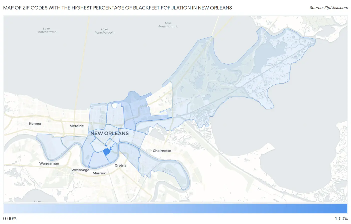 Zip Codes with the Highest Percentage of Blackfeet Population in New Orleans Map