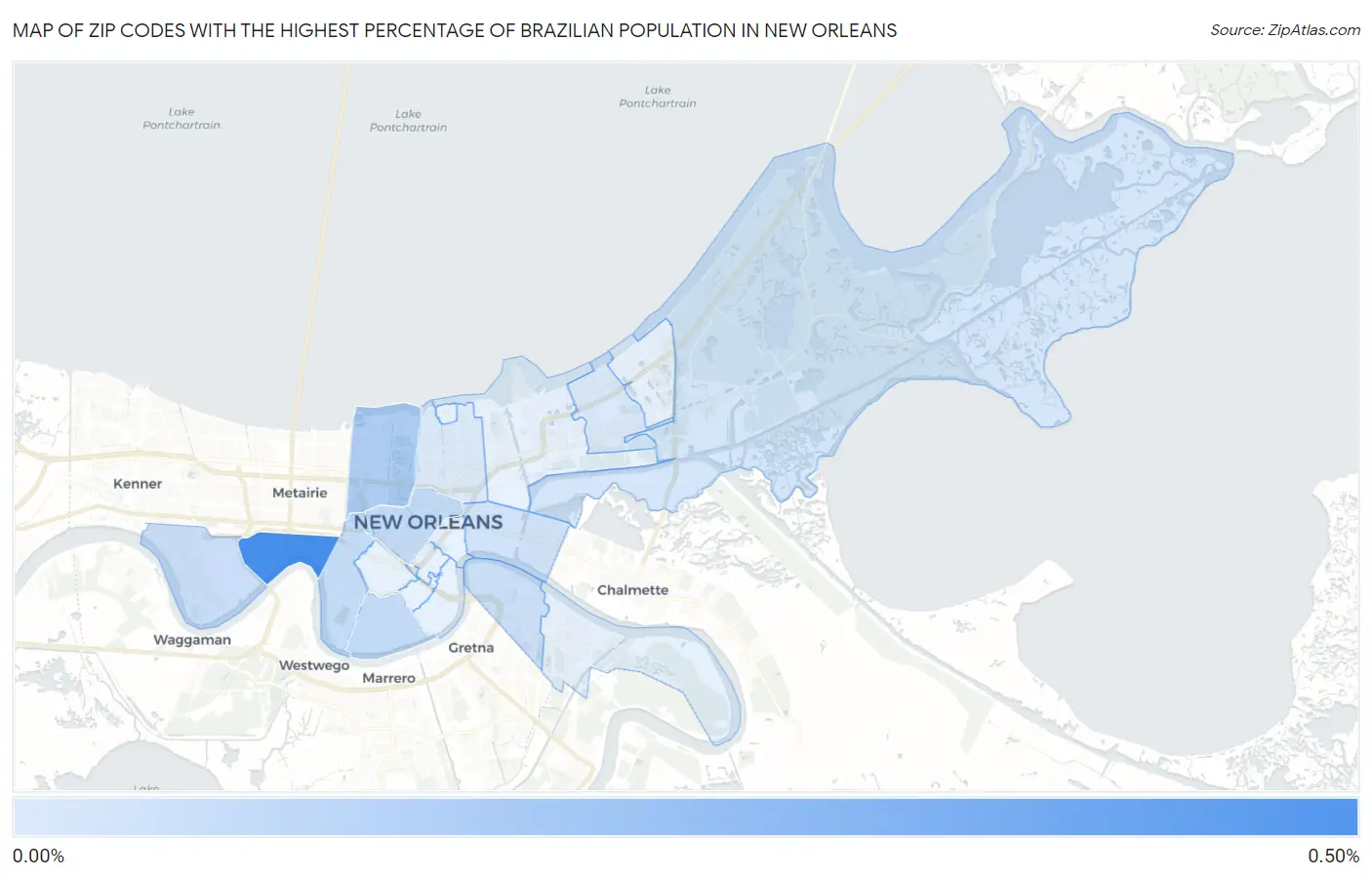 Zip Codes with the Highest Percentage of Brazilian Population in New Orleans Map