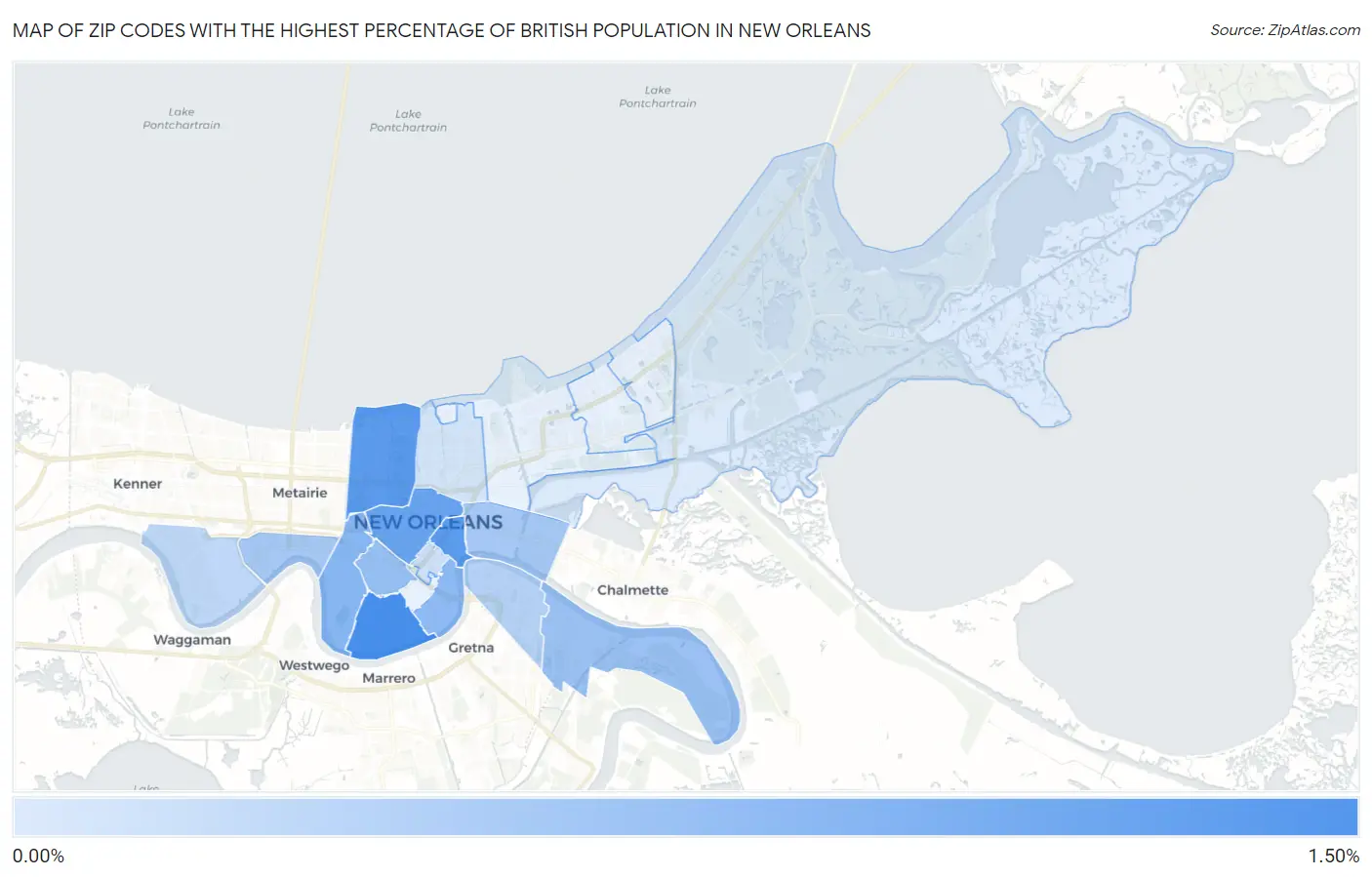 Zip Codes with the Highest Percentage of British Population in New Orleans Map