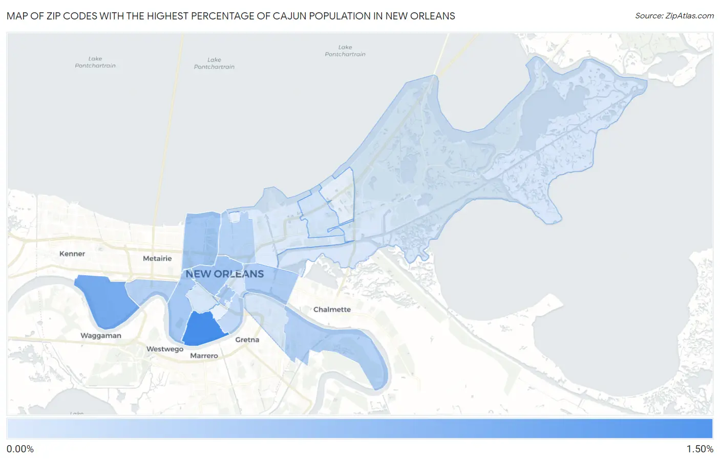 Zip Codes with the Highest Percentage of Cajun Population in New Orleans Map