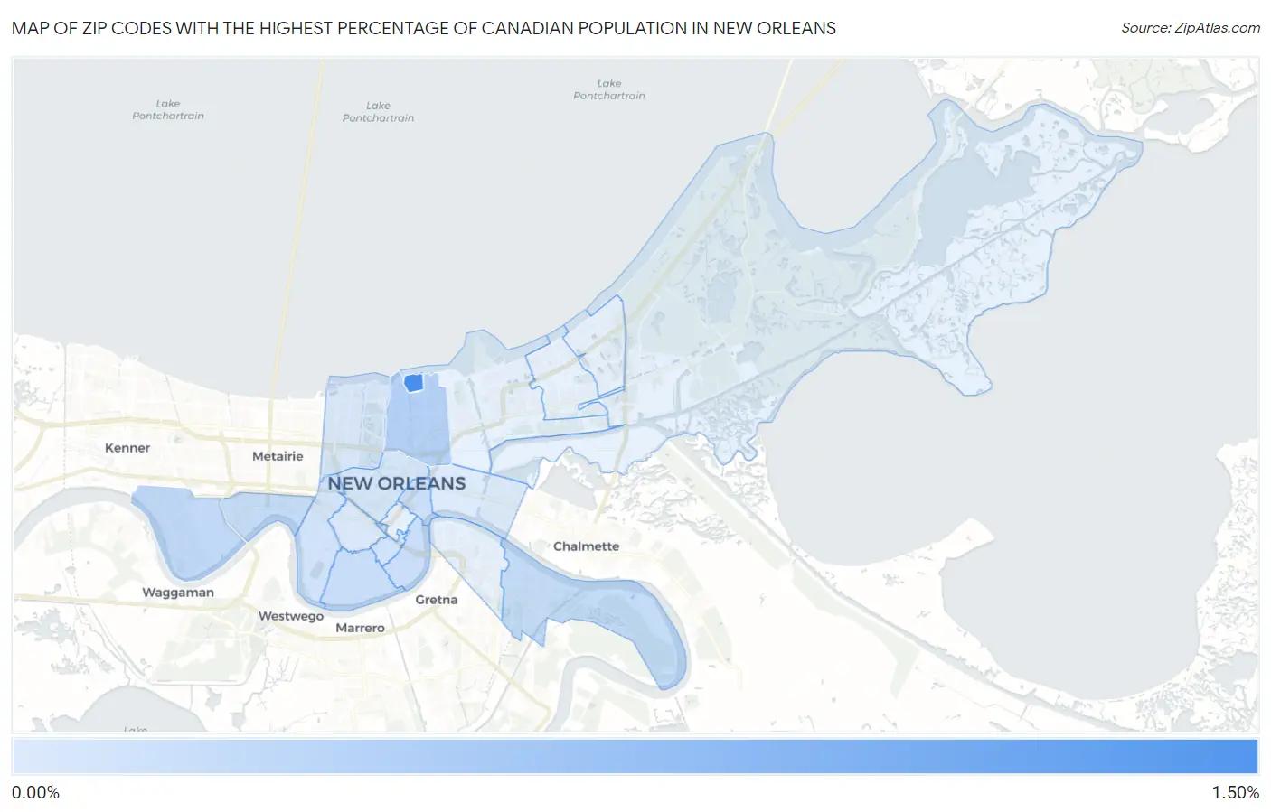 Zip Codes with the Highest Percentage of Canadian Population in New Orleans Map
