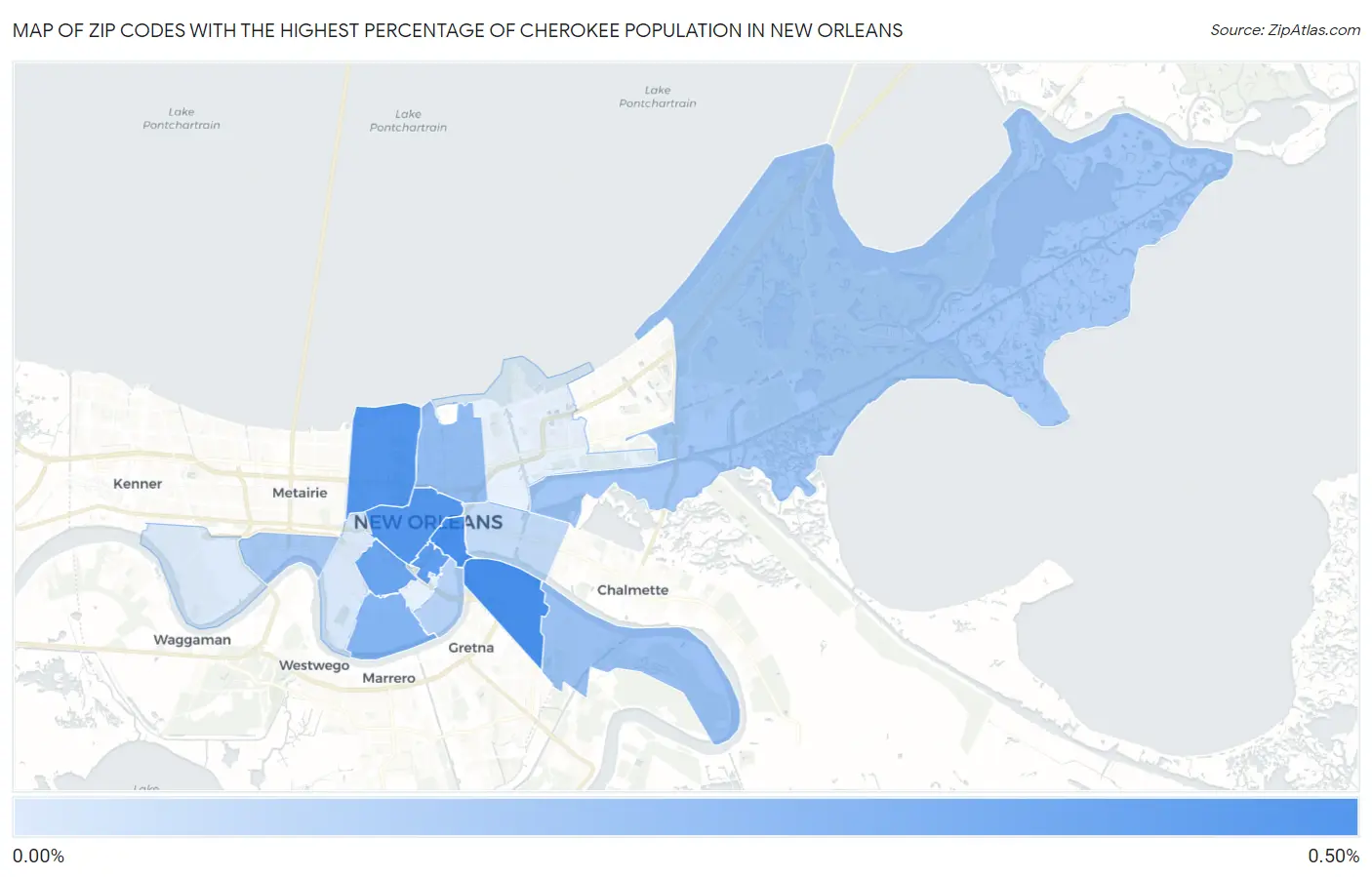Zip Codes with the Highest Percentage of Cherokee Population in New Orleans Map