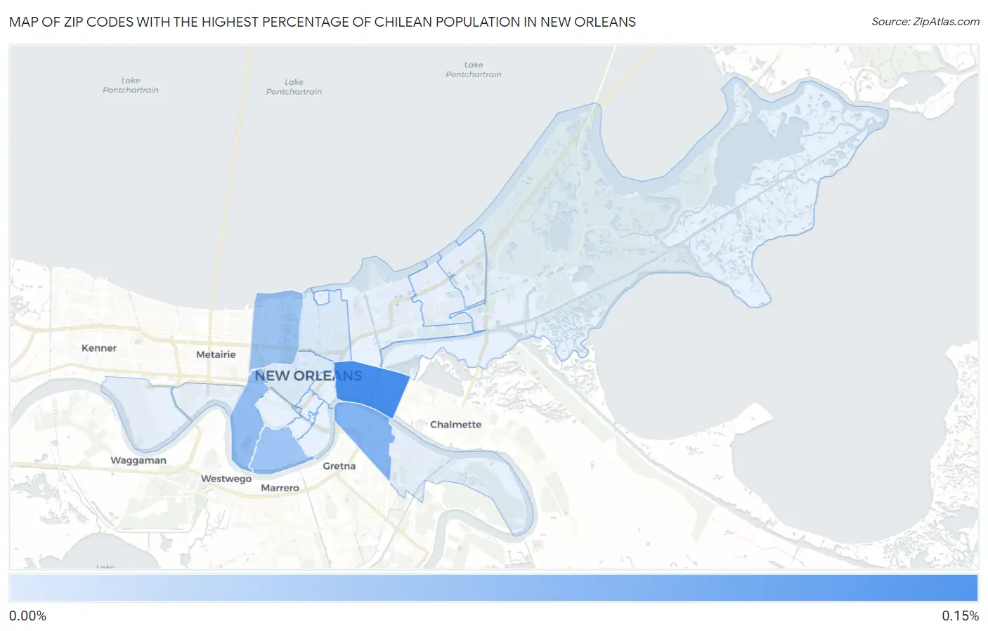 Zip Codes with the Highest Percentage of Chilean Population in New Orleans Map