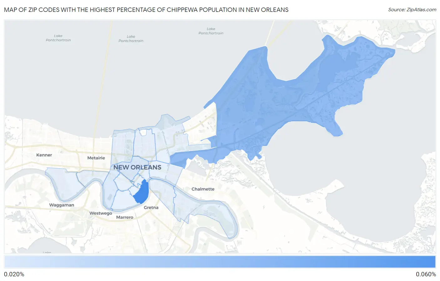 Zip Codes with the Highest Percentage of Chippewa Population in New Orleans Map