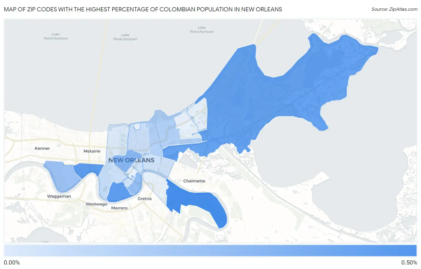 Zip Codes with the Highest Percentage of Colombian Population in New Orleans Map