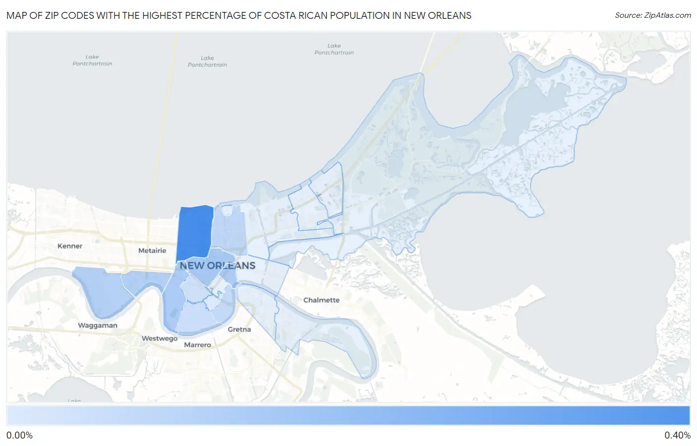 Zip Codes with the Highest Percentage of Costa Rican Population in New Orleans Map