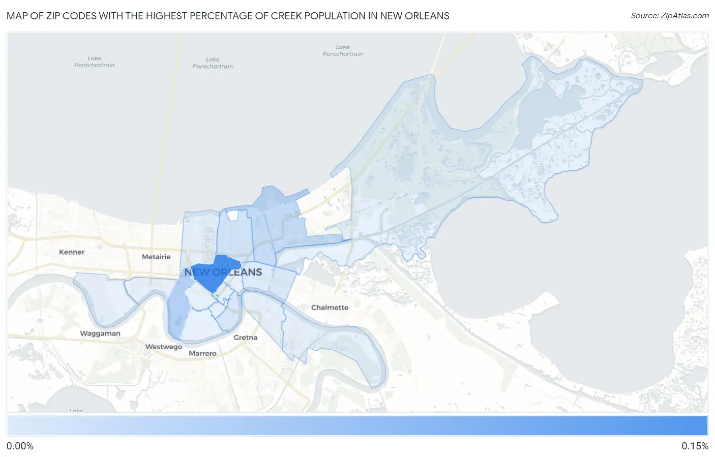 Zip Codes with the Highest Percentage of Creek Population in New Orleans Map