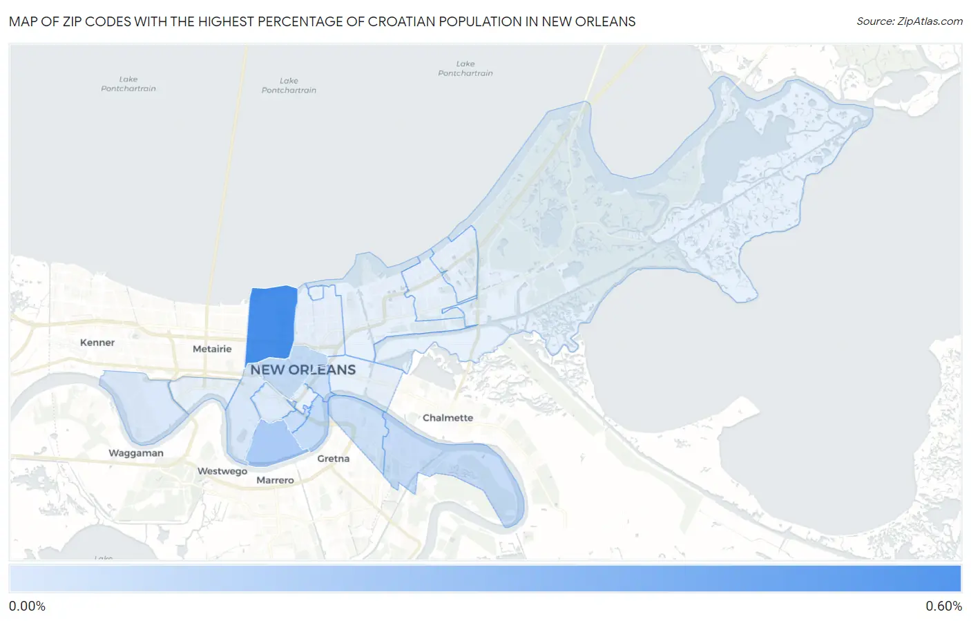 Zip Codes with the Highest Percentage of Croatian Population in New Orleans Map