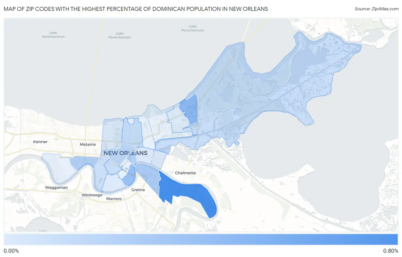 Zip Codes with the Highest Percentage of Dominican Population in New Orleans Map