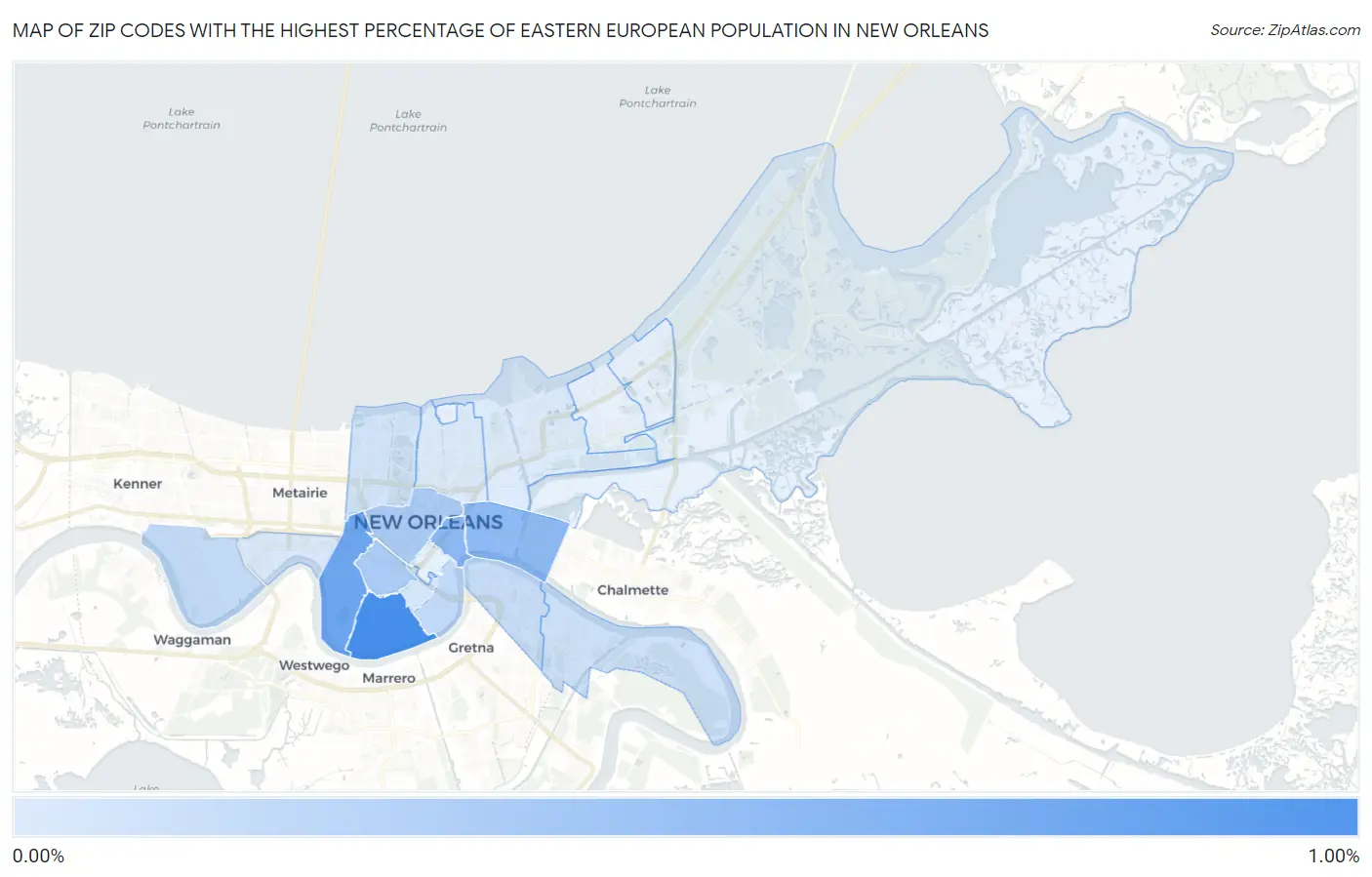 Zip Codes with the Highest Percentage of Eastern European Population in New Orleans Map