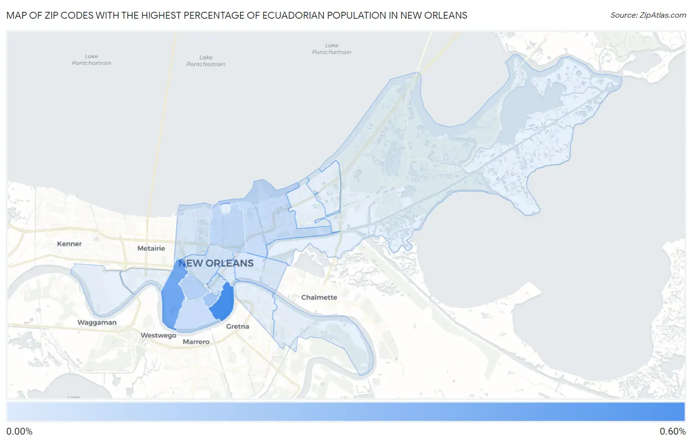 Zip Codes with the Highest Percentage of Ecuadorian Population in New Orleans Map