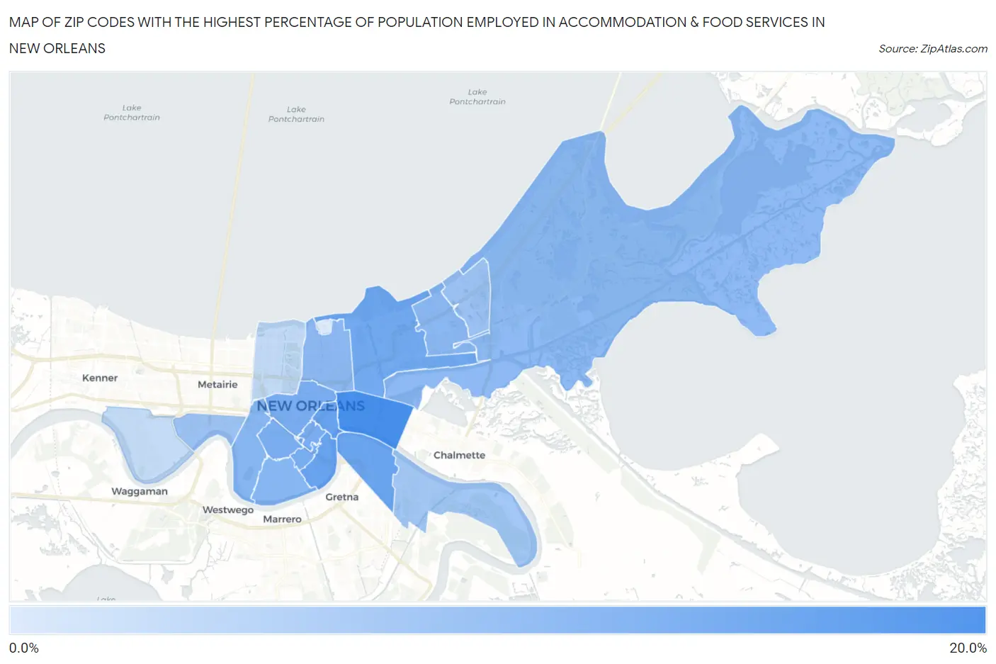 Zip Codes with the Highest Percentage of Population Employed in Accommodation & Food Services in New Orleans Map