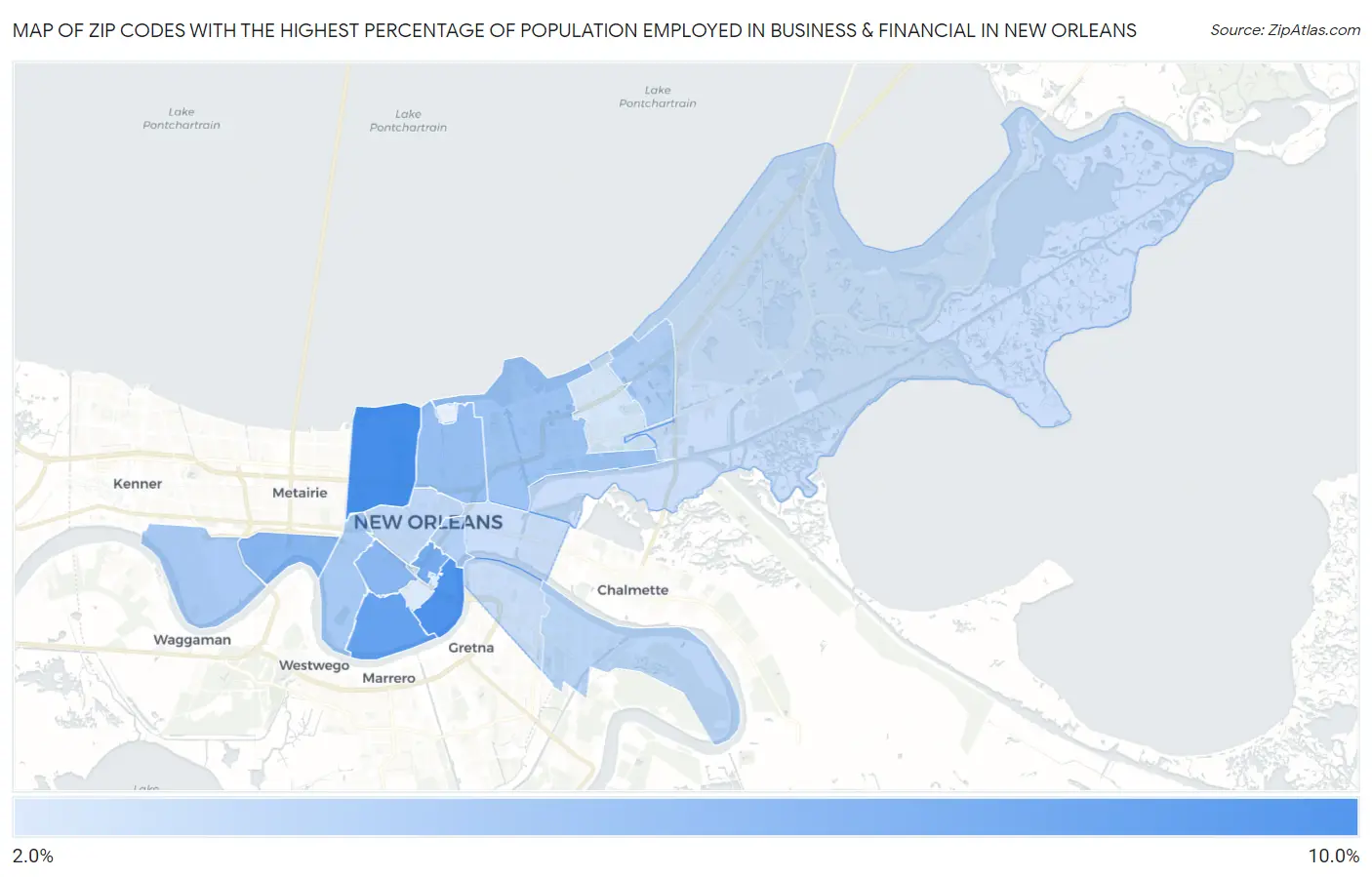 Zip Codes with the Highest Percentage of Population Employed in Business & Financial in New Orleans Map