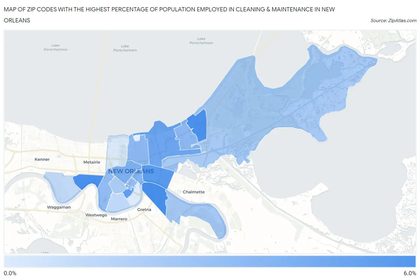Zip Codes with the Highest Percentage of Population Employed in Cleaning & Maintenance in New Orleans Map