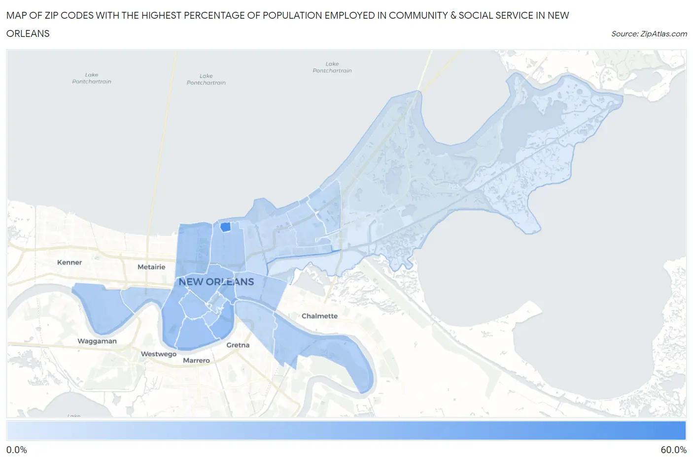 Zip Codes with the Highest Percentage of Population Employed in Community & Social Service  in New Orleans Map
