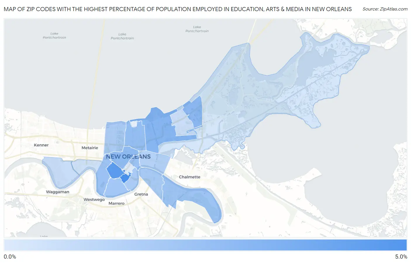 Zip Codes with the Highest Percentage of Population Employed in Education, Arts & Media in New Orleans Map
