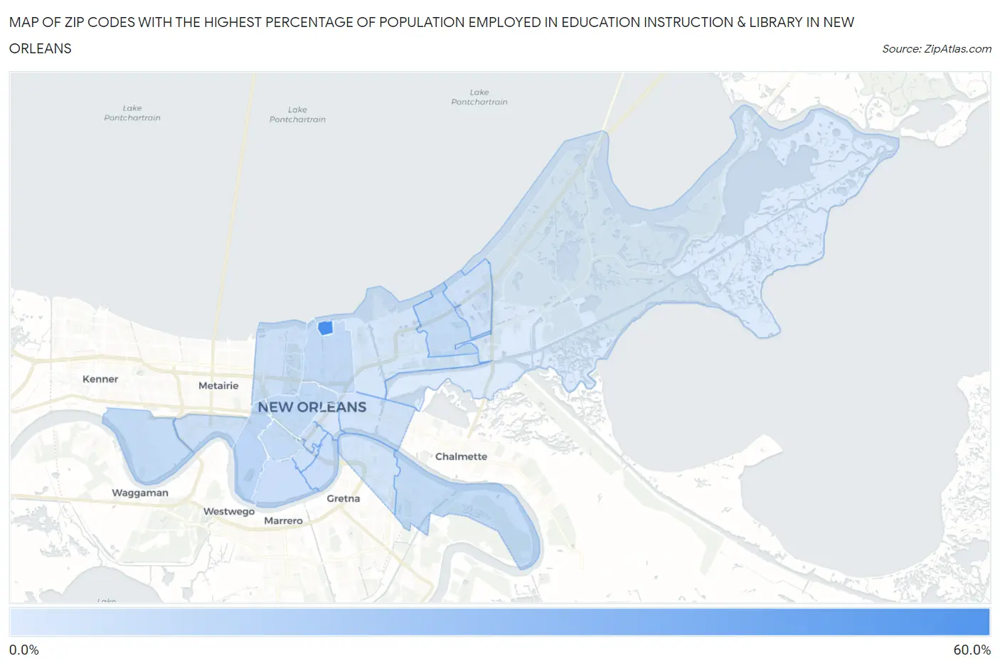 Zip Codes with the Highest Percentage of Population Employed in Education Instruction & Library in New Orleans Map