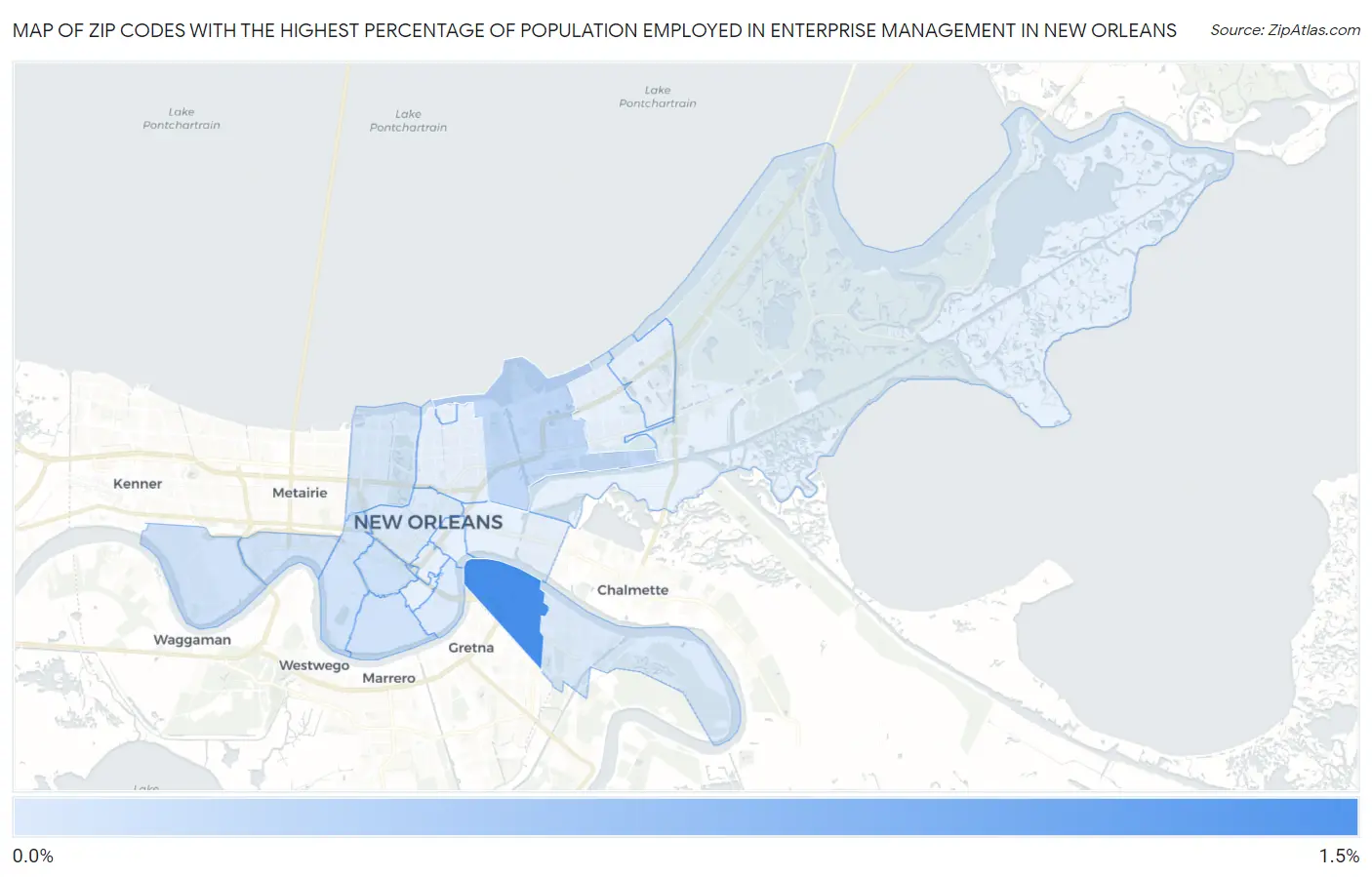 Zip Codes with the Highest Percentage of Population Employed in Enterprise Management in New Orleans Map