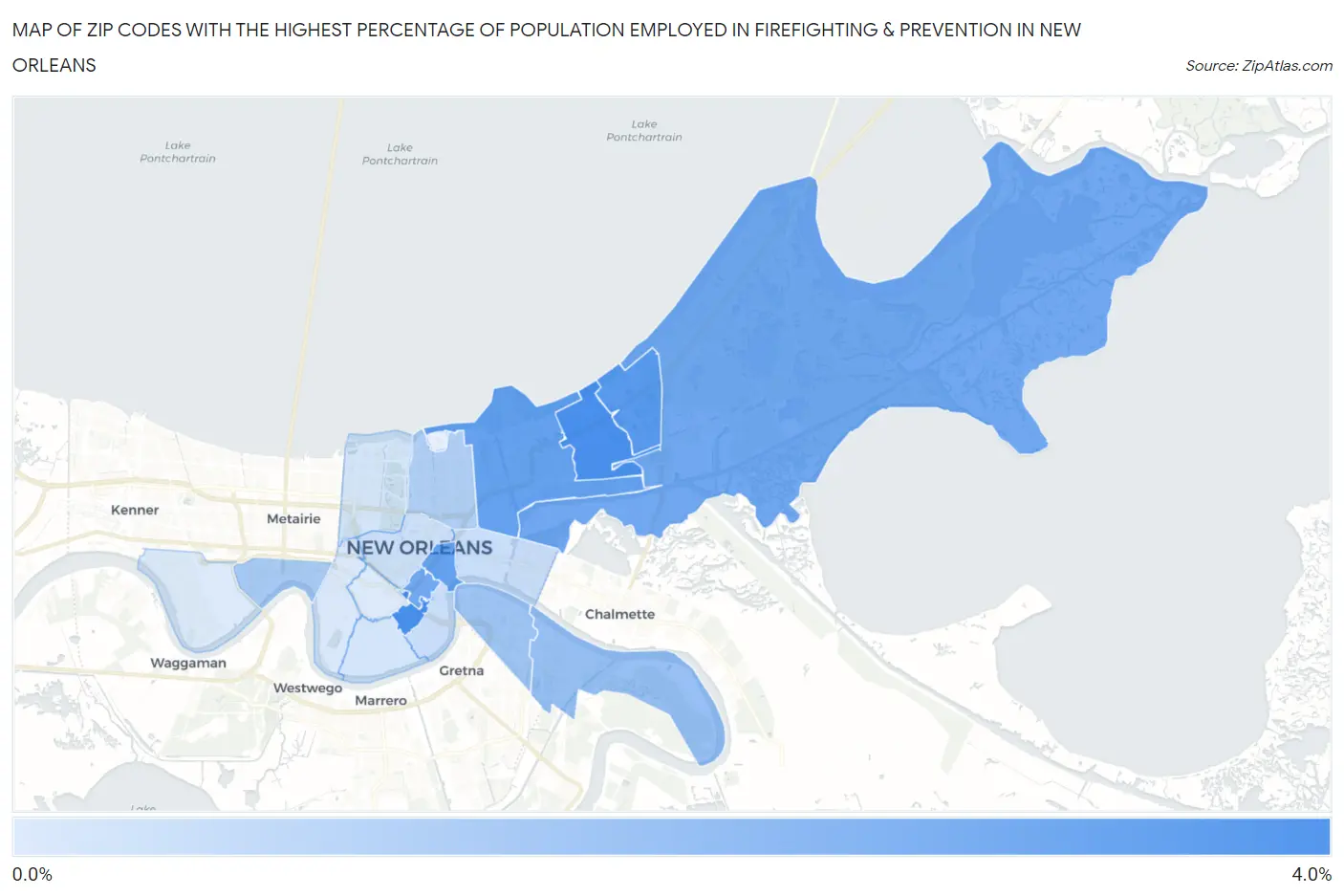 Zip Codes with the Highest Percentage of Population Employed in Firefighting & Prevention in New Orleans Map